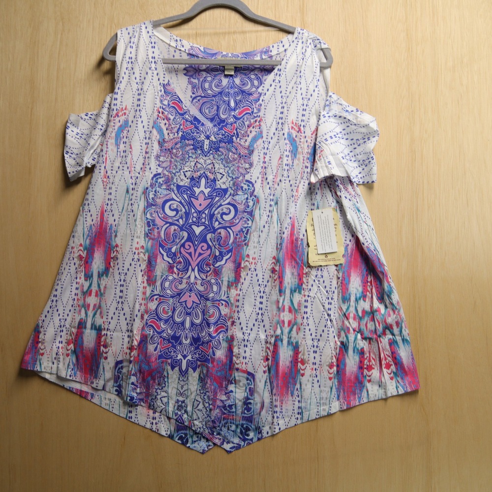 One World Live and Let Live Cold Shoulder Paisley Beaded Tunic Top 3X NEW
